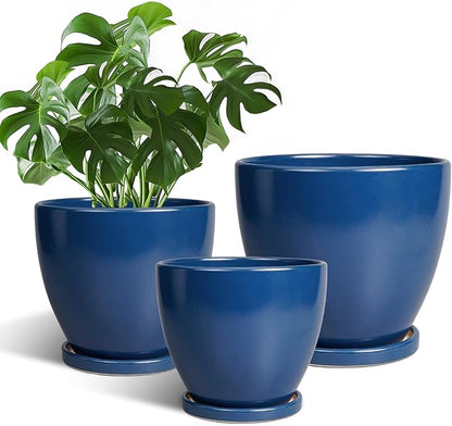 Ceramic Planters Set of 3 - Round Modren 10 Inch 8 Inch 6 Inch Plant Pots with Drainage Holes and Saucers, Flower Pots for Indoor Outdoor, Home Apartment Decor, Plant Lover Gifts, Blue