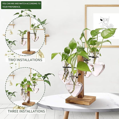Plant Terrarium Propagation Stations with Wooden Stand, Glass Vase for Indoor Hydroponics Home Garden Office Decoration Gift for Women - 4 Love Bulb Vase