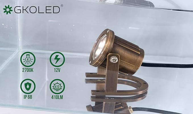 GKOLED Solid Brass Underwater Light, Low Voltage LED Pond Lights, Submersible Fountain Lighting with 5W 2700K 410LM MR16 Bulb, 9-15V AC/DC Outdoor Landscape Waterfall Light, IP68 Rated Pool Spotlights