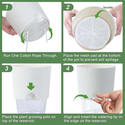 6 Inch Self Watering Planter Pots for Indoor Plants, 3 Packs African Violet Pots with Wick Rope and Visible Reservoir Self Watering Planter for Herb, Houseplants