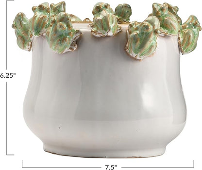 Creative Co-Op Stoneware Planter with Frogs on Rim and Reactive Glaze, Green and White