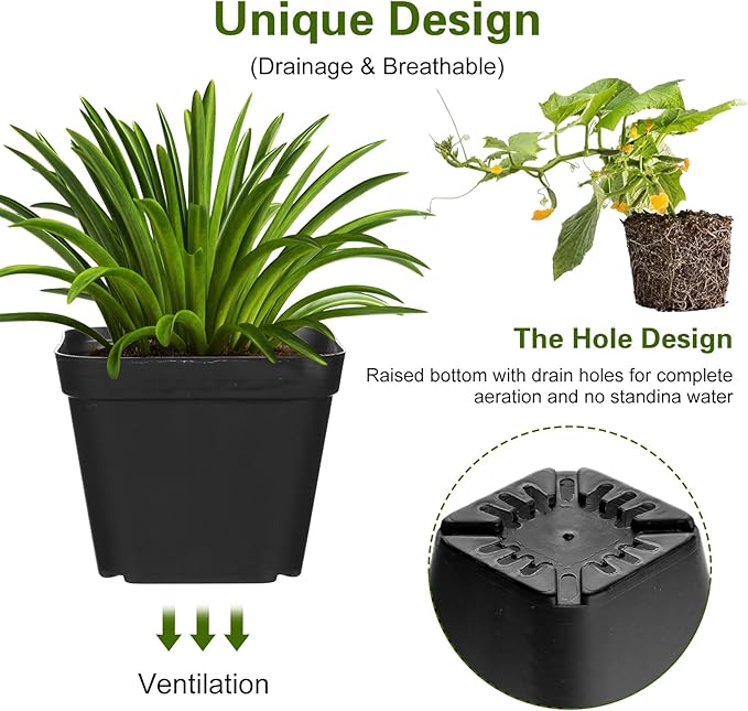 36 Pcs Nursery Pots 4 Inch, Plastic Seed Starting Pot with Drainage Holes, Sturdy Seedling pots for Planting, Succulents, Transplanting, Cuttings (Black)