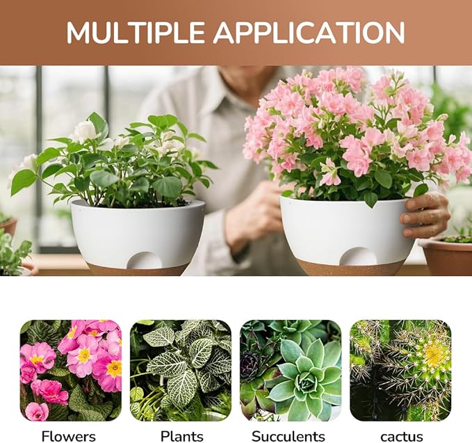 12 Inch Large Self Watering Pots, 2 Pack Plant Pots with Drainage Holes and Saucers, Self Watering Planter for Indoor Outdoor Garden Plants and Flowers (White)