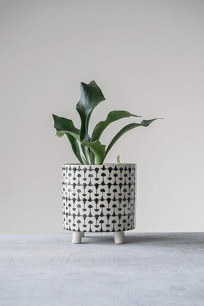 Creative Co-Op Footed Stoneware Planter with Abstract Print, Black and White
