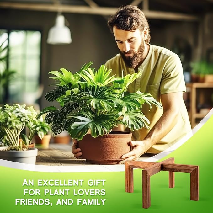Wenqik 2 Pack 16 Inch Wood Plant Stand Wooden Plant Pot Holder Mid Century Rattan Flower Boho Rustic Stool Holder for Indoor Gardening Patio, Fit 8-18 Inch Pot (Wood Color)