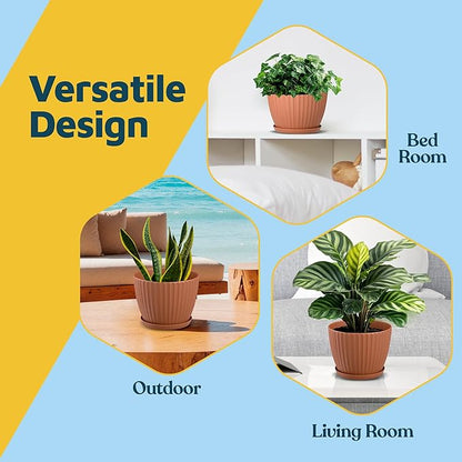 Terracotta 6-Inch Plant Pots with Drainage & Saucers 3 Pack, Indoor & Outdoor Planters for Houseplants, Herbs, and Flowers, Durable & Weatherproof Material, Stackable, Lightweight, Minimalist Design