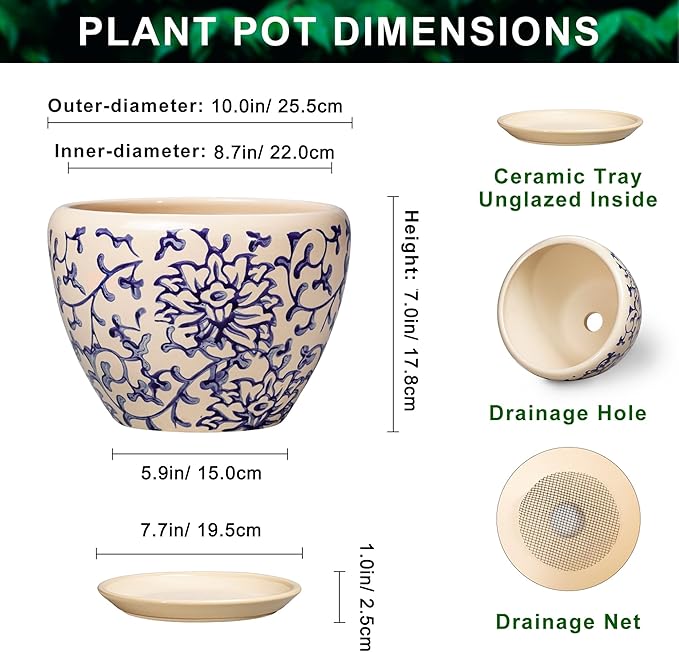 Ceramic Pots for Plants 10 Inch - Indoor Flower Pots with Drainage Hole and Tray, Decorative Pot for Indoor Outdoor Plants, Round Planters, Bathroom Decor, Gifts for Men Women, Retro Blue