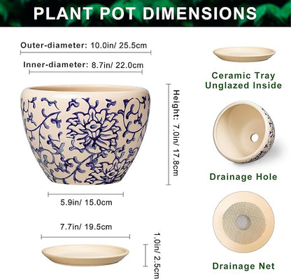 Ceramic Pots for Plants 10 Inch - Indoor Flower Pots with Drainage Hole and Tray, Decorative Pot for Indoor Outdoor Plants, Round Planters, Bathroom Decor, Gifts for Men Women, Retro Blue