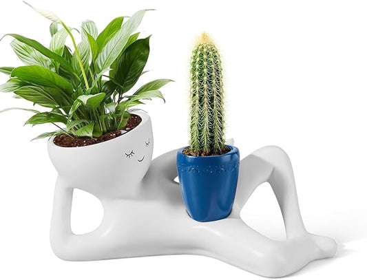 Face Planters Head, Funny Succulent Garden Pots,Cute Planters for Indoor Plants, Double Flower Pot with Drainage for Plant Lovers Gift ((Blue)