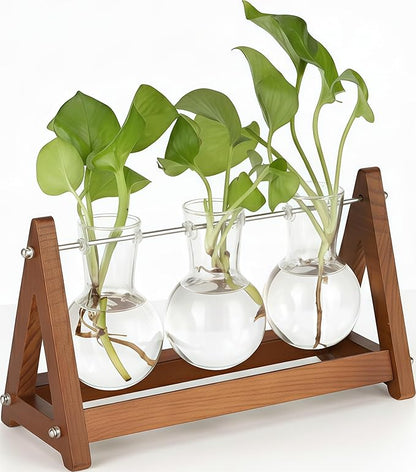 Plant Terrarium with Wooden Stand, 3 Bulb Glass Vase Metal Holder, Retro Hydroponics Planter for Home/Garden/Office Decor, for Women & Mom (1, Natural Wood, 3-Bulb)