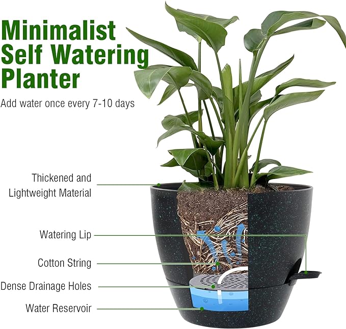 10 inch Self Watering Pots, Planter, Plant Pots with Mesh Drainage Holes for Indoor Outdoor House Plants and Garden, 2 Pack Plastic Flower Pots with Reservoir, Black with Green Speckles