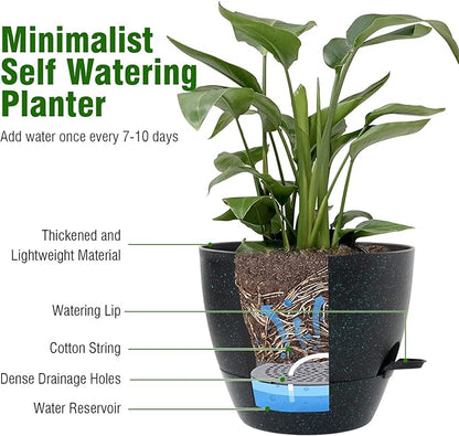 12 inch Large Self Watering Pots, Planter, Plant Pots with Mesh Drainage Holes for Indoor Outdoor House Plants and Garden, Plastic Flower Pots with Reservoir, Black with Green Speckles
