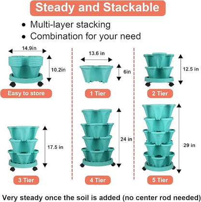 GameXcel Vertical Planter 5 Tier Stackable Planters Garden Planters Strawberry Herb Flower and Vegetable Planter Indoor Outdoor Gardening Pots with Removable Wheels and Tools