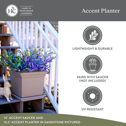 The HC Companies 15.5 Inch Accent Square Plant Pots with Drainage, Lightweight UV-Resistant Plastic Planters for Indoor & Outdoor Plants, 2-Pack Flower Pots for Garden, Office & Home Decor, Warm Gray
