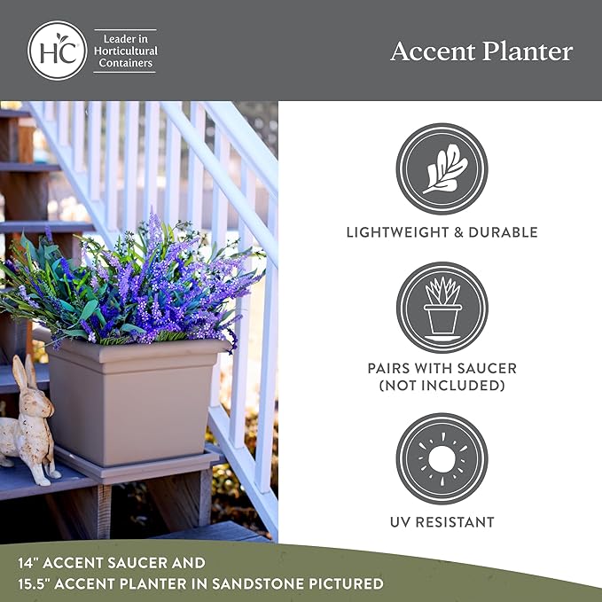 The HC Companies 12.5 Inch Accent Square Plant Pots with Drainage, Lightweight UV-Resistant Plastic Planters for Indoor & Outdoor Plants, 2-Pack Flower Pots for Garden, Office & Home Decor, Warm Gray