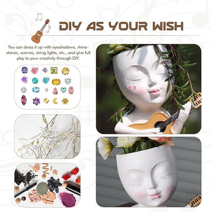 Face Planter Pot, Cute Girl Playing Guitar Head Planter for Indoor Plants, Unique Resin Succulent Pots with Drainage, Creative Music Lover Gifts for Guitarist Women Mom (White)