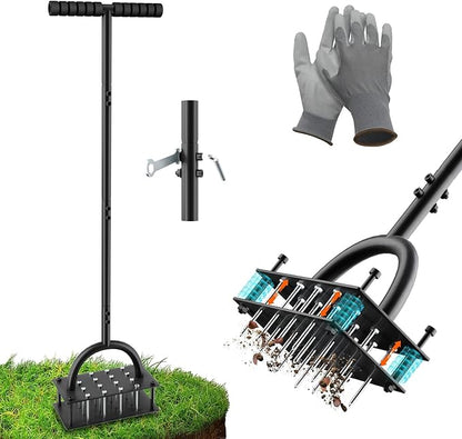 Lawn Aerator Tool (Pre-Assembled), 16 Iron Spikes with Spring-Loaded Auto Cleaning, Ergonomic T-Handle, Manual Grass Aerators for Lawn, Yard, Garden Soil Loosening & Aeration, Gloves Included (Black)
