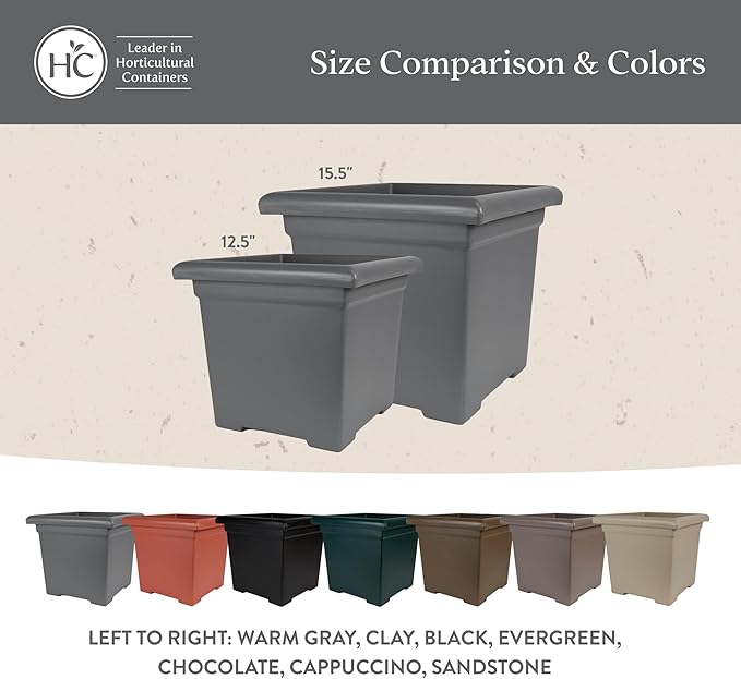 The HC Companies 15.5 Inch Accent Square Plant Pots with Drainage, Lightweight UV-Resistant Plastic Planters for Indoor & Outdoor Plants, 2-Pack Flower Pots for Garden, Office & Home Decor, Sandstone