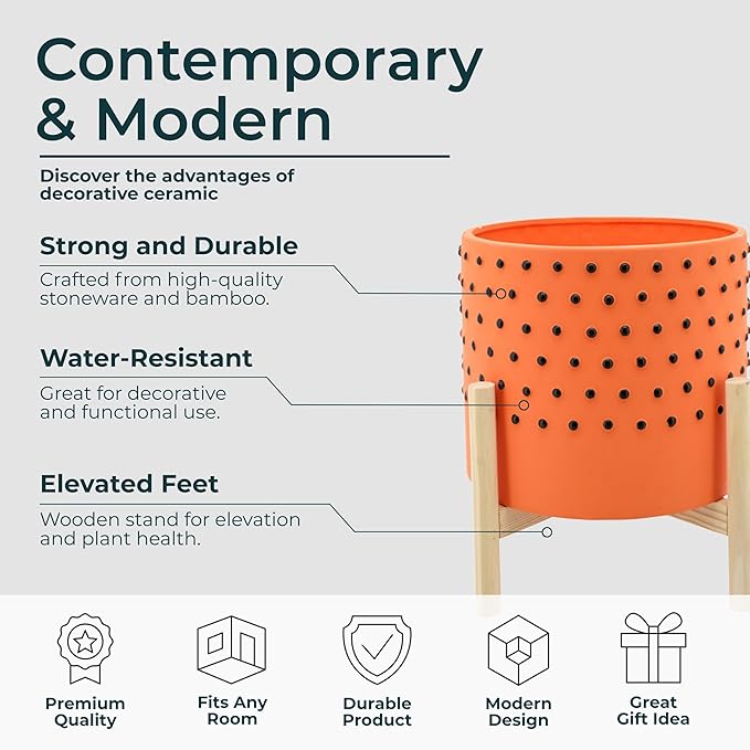 Dotted Decorative Planter Pot with Wood Stand – Vibrant Ceramic Stoneware Outdoor and Indoor Plant Pot – Modern Garden and Home Decor Planters – 10" x 11", Orange