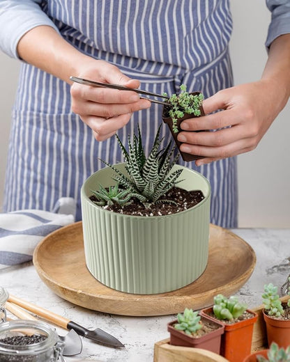 Ceramic Plant Pots, 8.1 + 6 Inch Planters for Indoor Plants, Modern Flower Pot for Plant with Drainage, Medium Cylinder Flower Pots for Indoor/Outdoor, House Plants, Matte Green