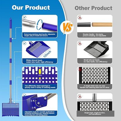 12-Inch 2-in-1 Chicken Poop Scooper & Rake, Chicken Coop Scoop with Adjustable Stainless Steel Handle （24–64"）, 3 Angles & 2 Sifting Holes, Litter Scoop Sand Sifting Shovel Pooper Scooper (Blue)
