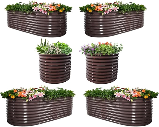 A ANLEOLIFE 6-Piece 30 Inch Extra Tall Galvanized Raised Garden Beds Kit, Large Oval & Round Metal Planters – Ideal for Backyard Vegetables Flowers Herbs, CaféBronze