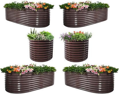 A ANLEOLIFE 6-Piece 30 Inch Extra Tall Galvanized Raised Garden Beds Kit, Large Oval & Round Metal Planters – Ideal for Backyard Vegetables Flowers Herbs, CaféBronze