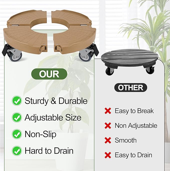 ToLanbbt 2 Pack Plant Caddy Stands with 360° Wheels Adjustable 15-22 IN Rolling Stands Heavy Duty Large Plant Carts Dolly with Casters 440lbs Capacity for Large Planter, Garden Pot, Flower Pot, Khaki