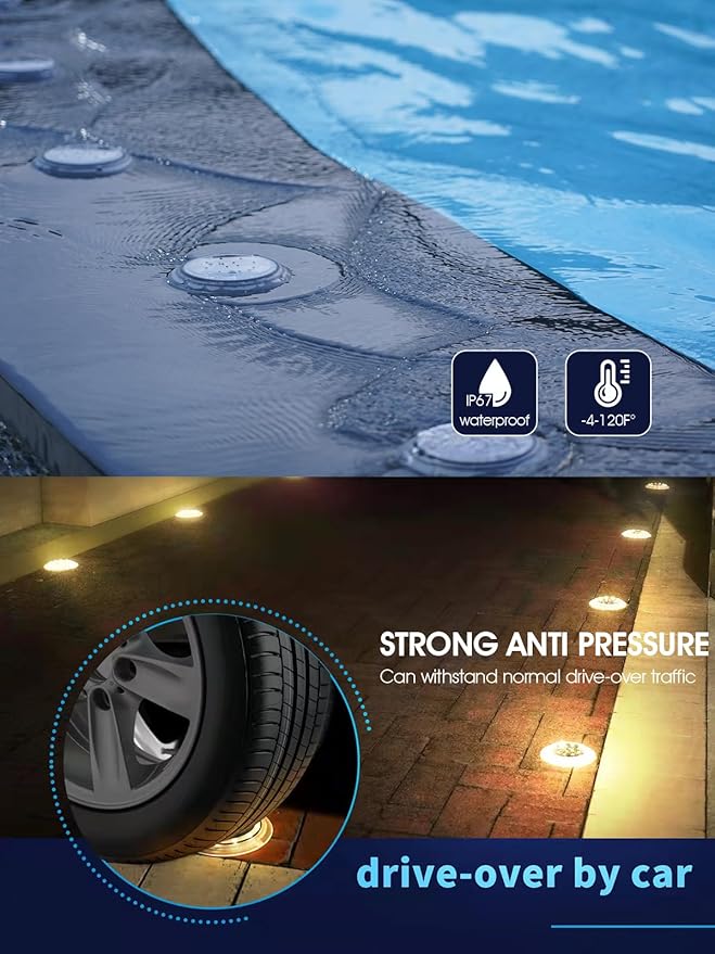 Solar Dock Lights, Super Bright Disc LED Outdoor Waterproof, Anti-Slip & Anti-Trip Flat Low Profile for Marine, Deck, Ground, Pool, Pier, Pathway, Step (Warm White, 12Pack)
