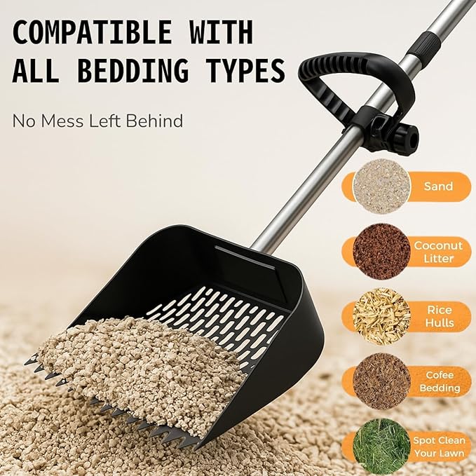 Chicken Poop Scooper & Rake 2-in-1, Adjustable Steel Handle Chicken Poop Shovel (24"-63.7"). Chicken Coop Scoop for Chicken Coop and Pet Poop Cleaning with Ergonomic Grip-Long Slot