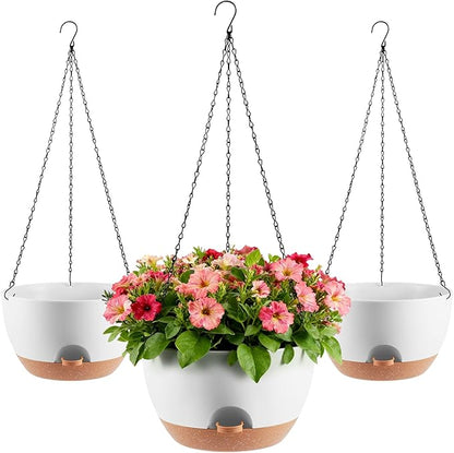 3-Piece Set of 10-Inch Hanging Planters with Automatic Watering System and Drip Tray, Includes Metal Chain, Suitable for Various Indoor and Outdoor Plants and Flowers, White-Brown