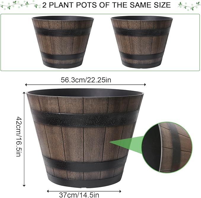 Large Plant Pots, 22.25 Inch 2 Pack Plastic Whiskey Barrel Planters, Big Flower Pots Wine Barrel Design for Outdoor Indoor, Garden, Porch, Patio, Backyard