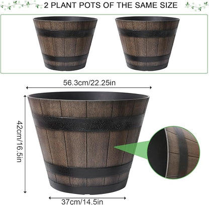 Large Plant Pots, 22.25 Inch 2 Pack Plastic Whiskey Barrel Planters, Big Flower Pots Wine Barrel Design for Outdoor Indoor, Garden, Porch, Patio, Backyard