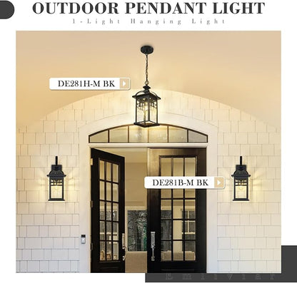 Emliviar 20 Inch Outdoor Pendant Light for Porch, Outdoor Chandelier for Porch, Die-Cast Aluminum with Seeded Glass, Black Finish, DE281H-M BK