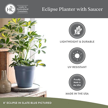 The HC Companies 8 Inch Eclipse Round Planter Pots with Drainage Holes & Attached Saucer, Lightweight UV-Resistant Plastic Indoor Outdoor Planters, 4-Pack Flower Pots for Garden Home Decor, Warm Gray