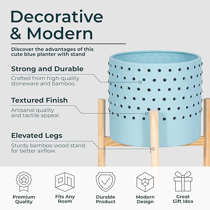 Sagebrook Home Stylish Ceramic Planter with Stand - Modern Stoneware Indoor/Outdoor Plant Pot - Decorative Garden Accent for Home & Patio - 11" Blue