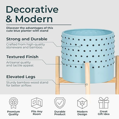 Sagebrook Home Stylish Ceramic Planter with Stand - Modern Stoneware Indoor/Outdoor Plant Pot - Decorative Garden Accent for Home & Patio - 11" Blue