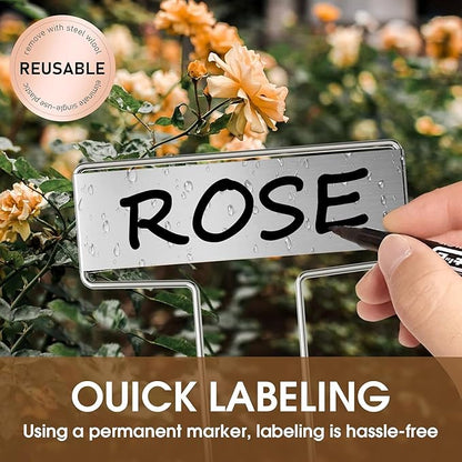 25PCS Silver Metal Plant Tags Plant Labels with 50Pcs Labels, Rainproof PET Film & 2 Permanent Pen, 10.1 inch Weatherproof Banner Garden Markers, Marking Protection Seedling Signs Nursery Tags