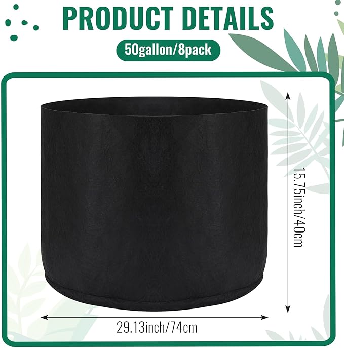 Zubebe 8 Pcs 50 Gallon Plant Grow Bags Large Reusable Planting Pots Nonwoven Fabric Grow Pot Aeration Fabric Garden Bed Outdoor Cloth Garden Containers for Flowers Fruits Vegetables, Black