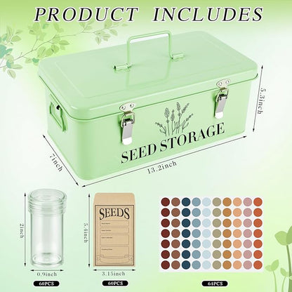 60 Slots Seed Storage Box with 4 Dividers, Metal Seed Storage Organizer Saving Box, Seeds Packet Container, Professional All-in-one Kit with 60 Seeds Envelopes and Label Stickers