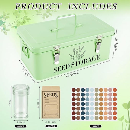 60 Slots Seed Storage Box with 4 Dividers, Metal Seed Storage Organizer Saving Box, Seeds Packet Container, Professional All-in-one Kit with 60 Seeds Envelopes and Label Stickers