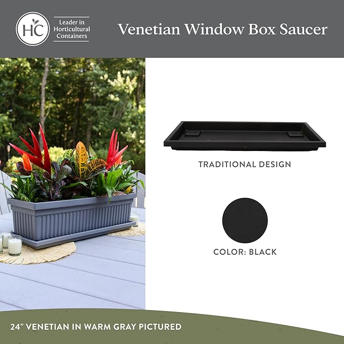 The HC Companies 23.5 Inch Venetian Rectangular Plant Saucer, Lightweight UV-Resistant Plastic Outdoor & Indoor Flower Pot Tray, 2-Pack Plant Pot Trays for Garden & Home Decor, Black