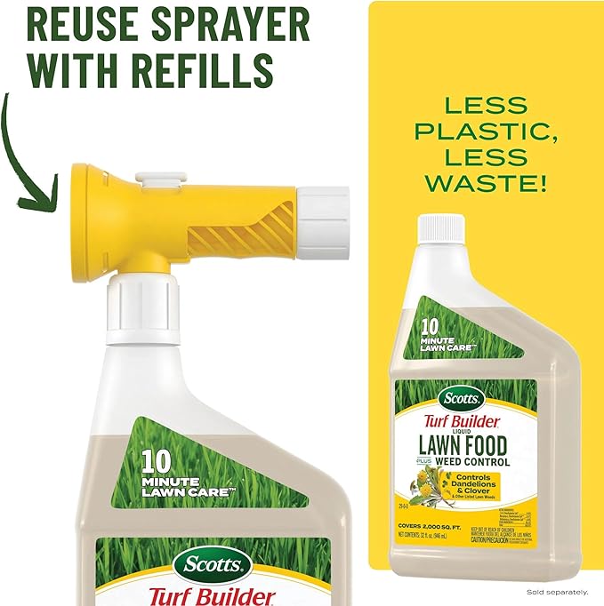 Scotts Turf Builder Liquid Lawn Food Plus Weed Control Refill, Weed and Feed, Controls Dandelions, Clover, and Other Listed Lawn Weeds, 32 fl. oz.