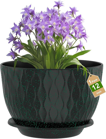 12 inch Large Plant Pots, Flower Pots with Multi-Mesh Drainage Holes and Saucer, Plastic Planters for Indoor and Outdoor Garden Plants (Black with Green Speckles, 12")