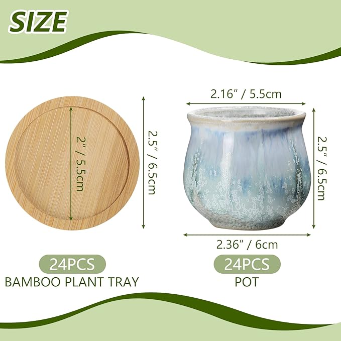 Remerry 18 Pcs Small Succulent Pots Bulk with Drainage 2.5 Inch Assorted Mini Ceramic Succulent Planters Pot with Coaster Bamboo Plant Tray Planting Pots for Home Office Garden
