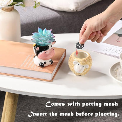 VanEnjoy Ceramic Cute Animal Flower Pot 3 Inch Small Cow Print Planter for Cactus Succulents Unique Cartoon Shaped Mini Plant Holder with Drainage Hole Mesh