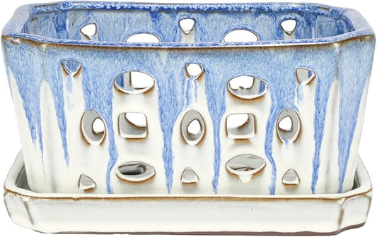 W&W Orchid Pot with Holes and Saucer for Repotting, Blue and White, 9.7 Inch