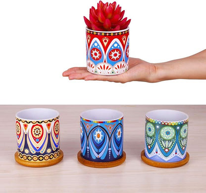 4 Pcs Colorful Mini Ceramic Cylinder Succulent Plant Pots with Bamboo Trays, Thumb Flower Pots for Small Plants and Decorative Objects - Colorful Mandala Styles