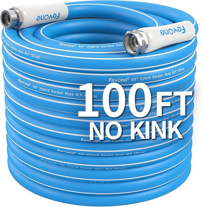 Fevone 100 ft Kink Free Garden Hose, All Weather Flexible, Heavy-Duty & Durable, Leak-Free Connection