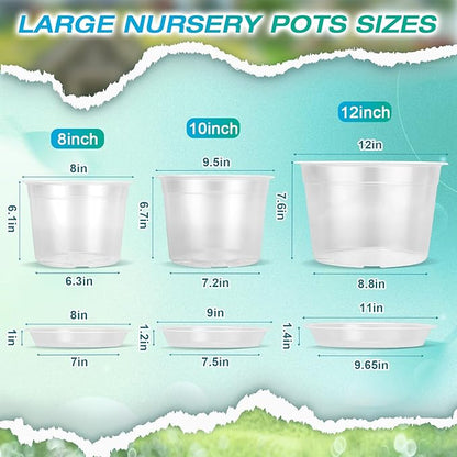 12 Inch Clear Nursery Pots with Drainage and Sacuers, 4 Pack Plastic Pots for Plants Indoor Outdoor, Large Clear Pots for Flowers, Succulents (12inx4pcs)